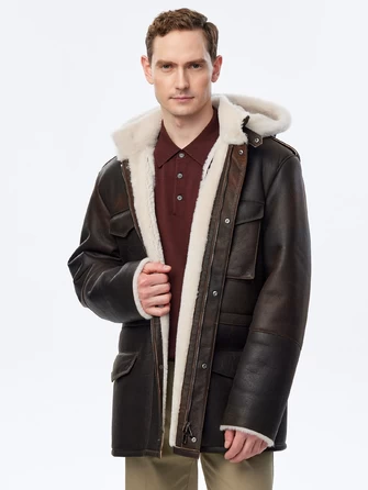 Дубленка мужская с капюшоном премиум класса 433-1