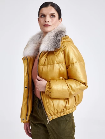 Женская кожаная куртка бомбер с меховым капюшоном 3027-0