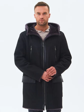 Длинная мужская дубленка с капюшоном премиум класса 429-0