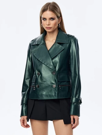 Зеленый женский двубортный кожаный пиджак 3014-0