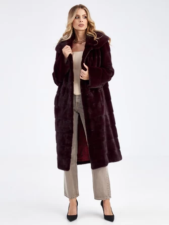 Длинная поперечная шуба из меха норки с капюшоном для женщин 2а(к)-0