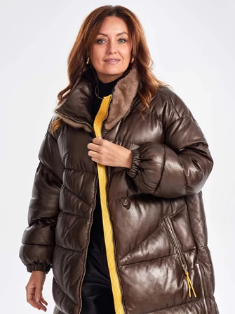 Длинный стеганый кожаный пуховик с норковым воротником премиум класса для женщин 3073-0