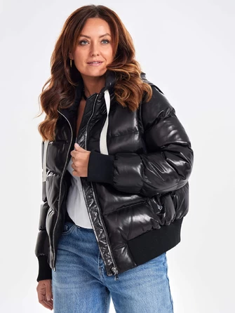 Короткий женский стеганый кожаный пуховик с капюшоном премиум класса 3077-0